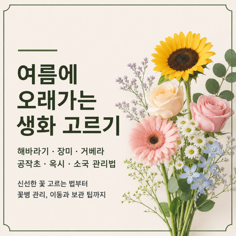 여름에 오래가는 생화 고르기｜해바라기·장미·거베라·공작초·옥시·소국 관리법